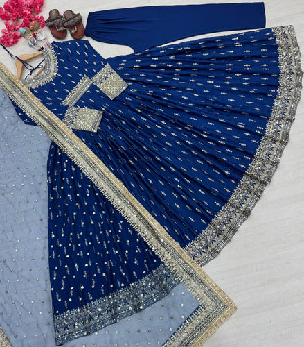 Blue Elegant Heavy Chinon Silk Embroidered Gown Set with Tassel Sleeves, Bottom & Butterfly Net Dupatta ClothsVilla