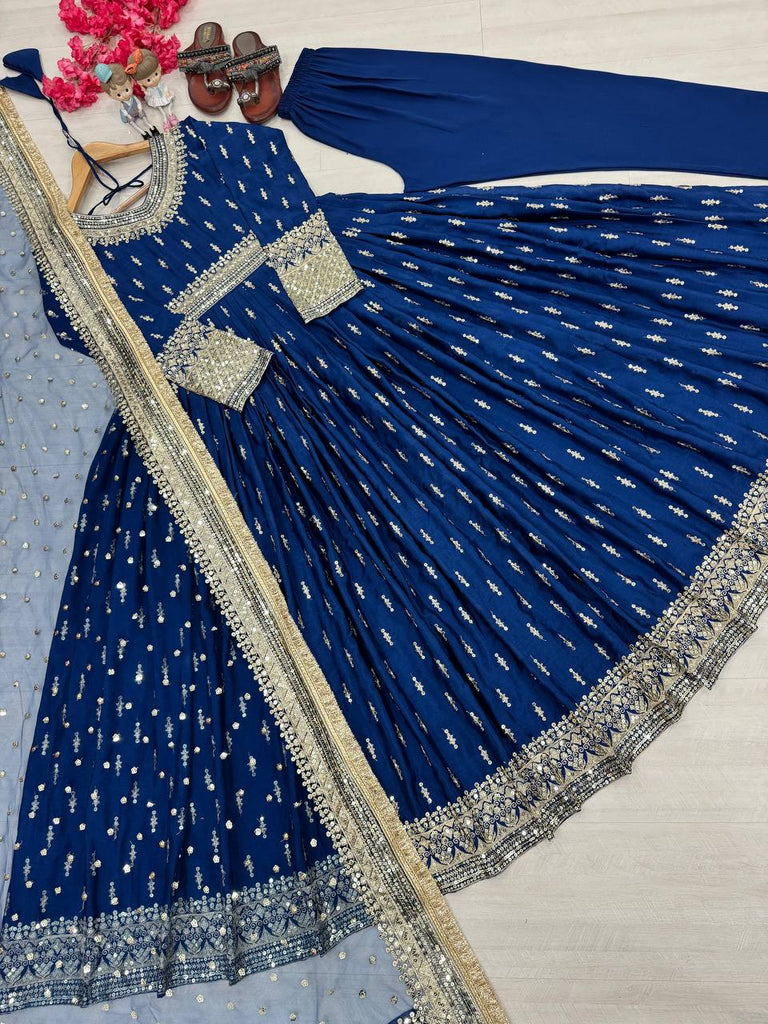 Blue Elegant Heavy Chinon Silk Embroidered Gown Set with Tassel Sleeves, Bottom & Butterfly Net Dupatta ClothsVilla