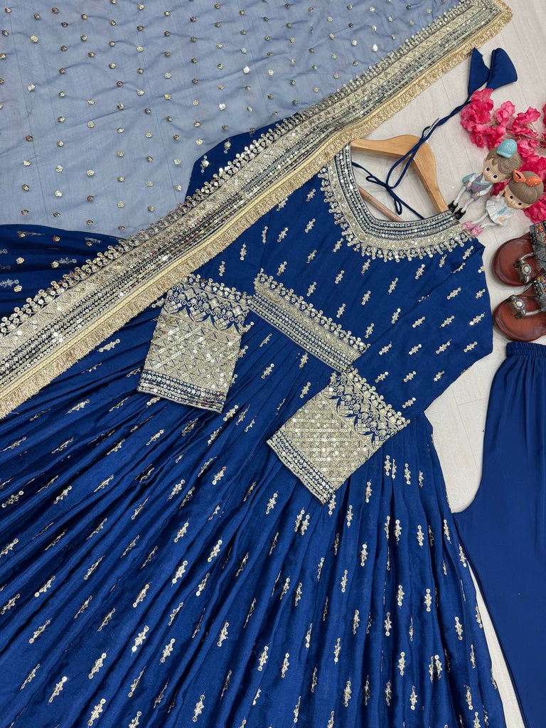 Blue Elegant Heavy Chinon Silk Embroidered Gown Set with Tassel Sleeves, Bottom & Butterfly Net Dupatta ClothsVilla