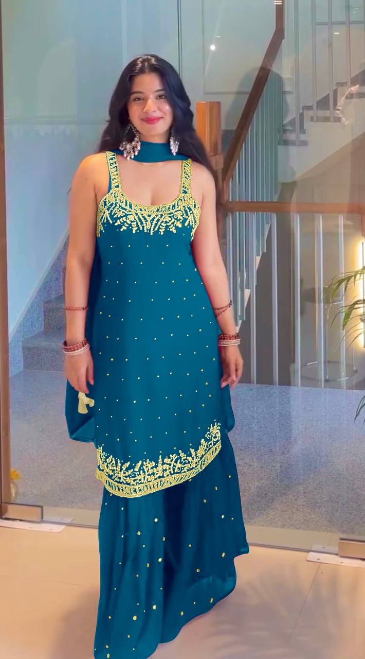 Blue Elegant Heavy Faux Georgette Handworked Sharara Set with Dupatta – Beads, Mirror & Sequin Embroidery ClothsVilla
