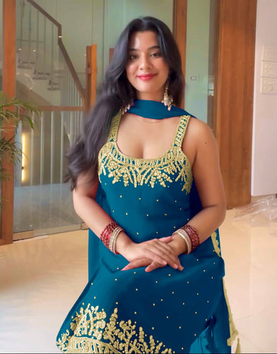 Blue Elegant Heavy Faux Georgette Handworked Sharara Set with Dupatta – Beads, Mirror & Sequin Embroidery ClothsVilla