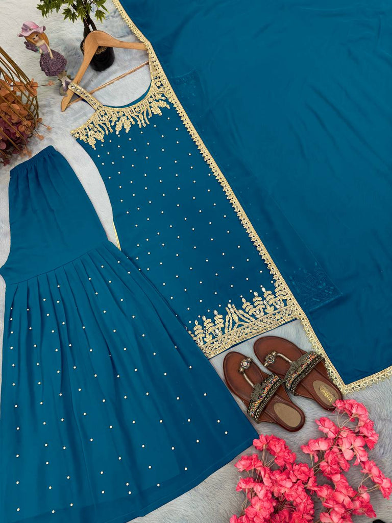Blue Elegant Heavy Faux Georgette Handworked Sharara Set with Dupatta – Beads, Mirror & Sequin Embroidery ClothsVilla