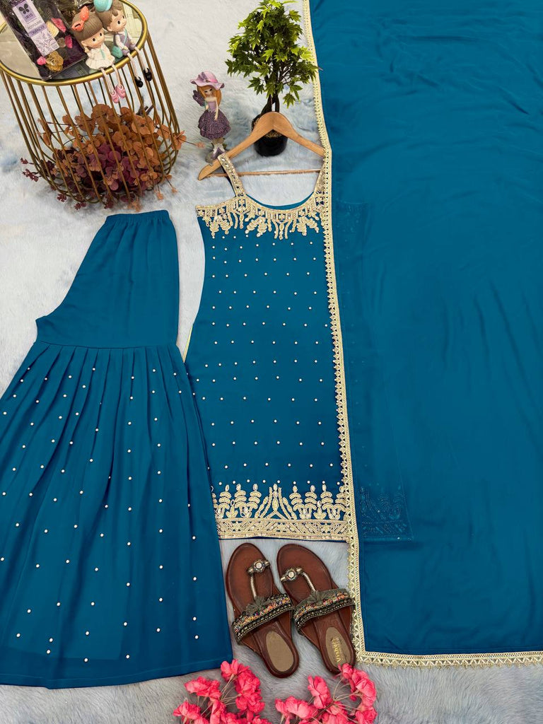 Blue Elegant Heavy Faux Georgette Handworked Sharara Set with Dupatta – Beads, Mirror & Sequin Embroidery ClothsVilla