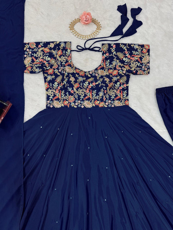 Blue Elegant Heavy Natural Crepe Gown with Intricate Coding Dori & Sequin Work ClothsVilla