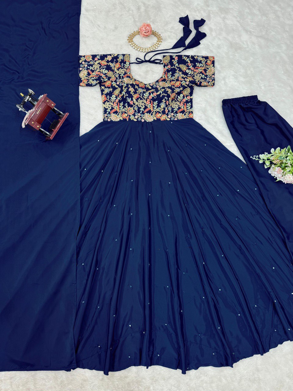 Blue Elegant Heavy Natural Crepe Gown with Intricate Coding Dori & Sequin Work ClothsVilla