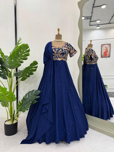 Blue Elegant Heavy Natural Crepe Gown with Intricate Coding Dori & Sequin Work ClothsVilla
