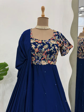 Blue Elegant Heavy Natural Crepe Gown with Intricate Coding Dori & Sequin Work ClothsVilla
