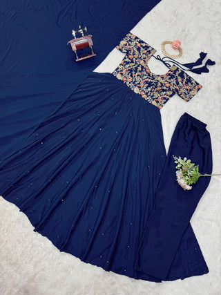 Blue Elegant Heavy Natural Crepe Gown with Intricate Coding Dori & Sequin Work ClothsVilla