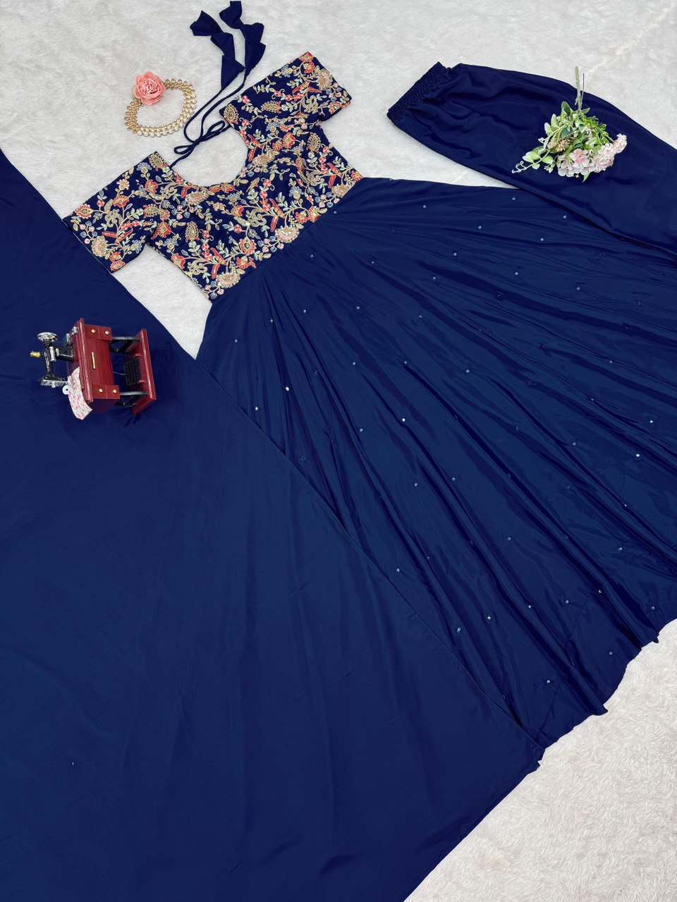 Blue Elegant Heavy Natural Crepe Gown with Intricate Coding Dori & Sequin Work ClothsVilla