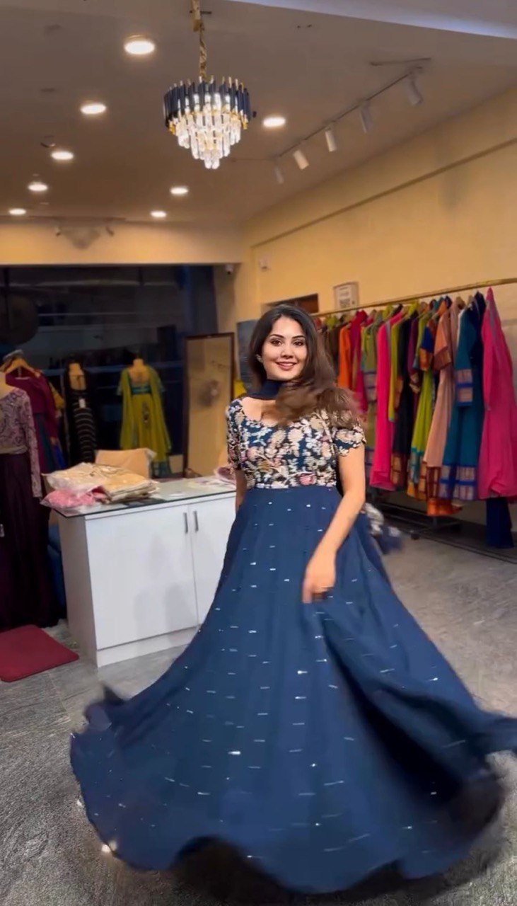 Blue Elegant Heavy Natural Crepe Gown with Intricate Coding Dori & Sequin Work ClothsVilla