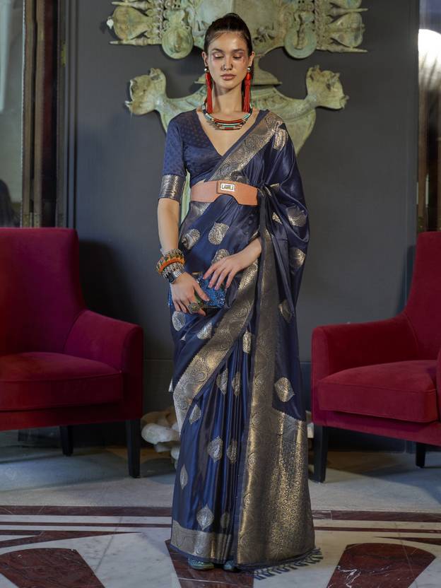 Blue Elegant Kanjivaram Silk Blend Saree with Unstitched Blouse Piece ClothsVilla
