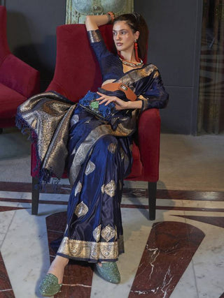 Blue Elegant Kanjivaram Silk Blend Saree with Unstitched Blouse Piece ClothsVilla