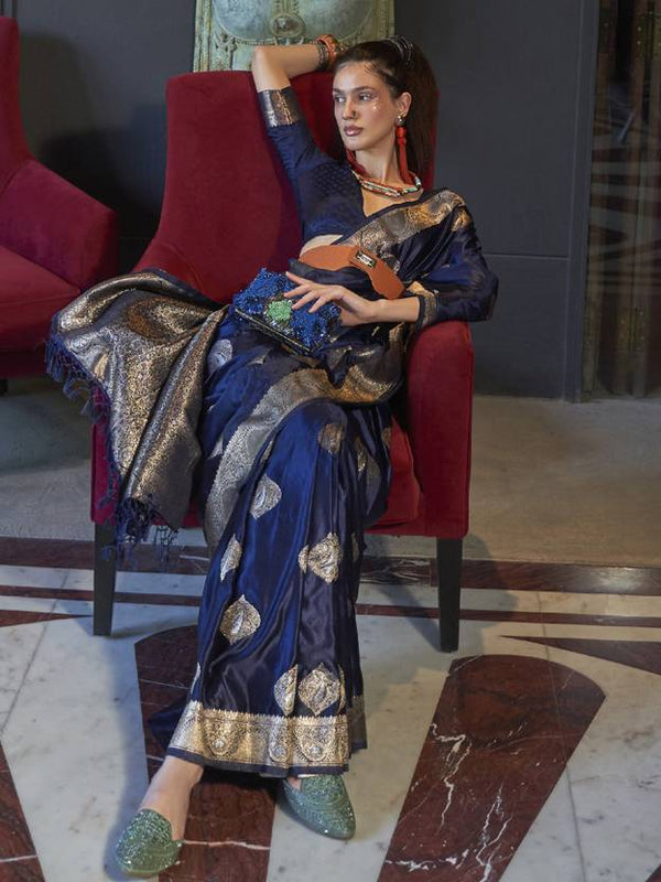 Blue Elegant Kanjivaram Silk Blend Saree with Unstitched Blouse Piece ClothsVilla