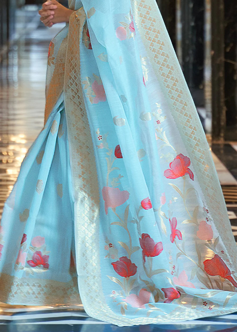Blue Elegant Linen Saree with Floral Printed Weaving Work ClothsVilla