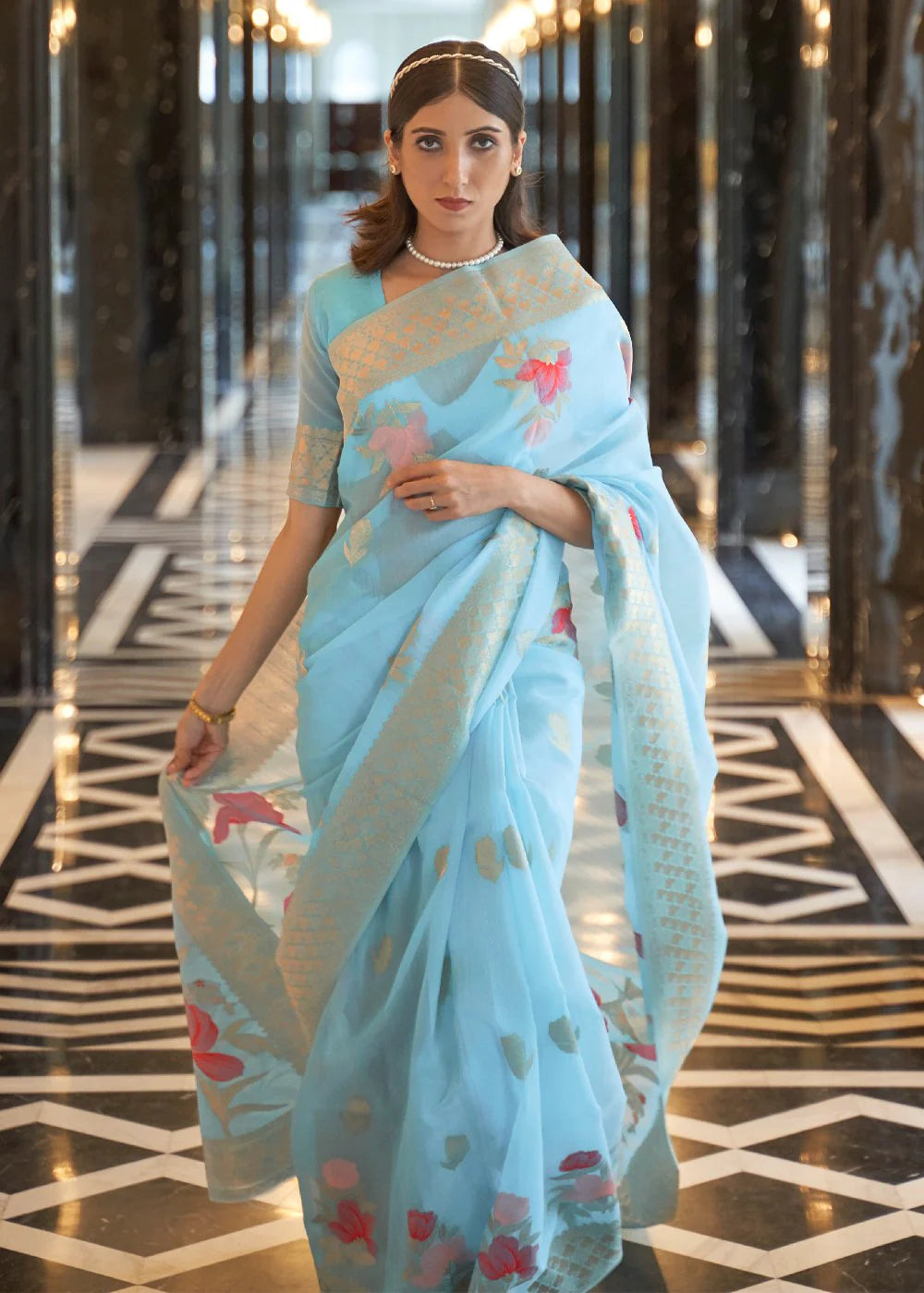 Blue Elegant Linen Saree with Floral Printed Weaving Work ClothsVilla
