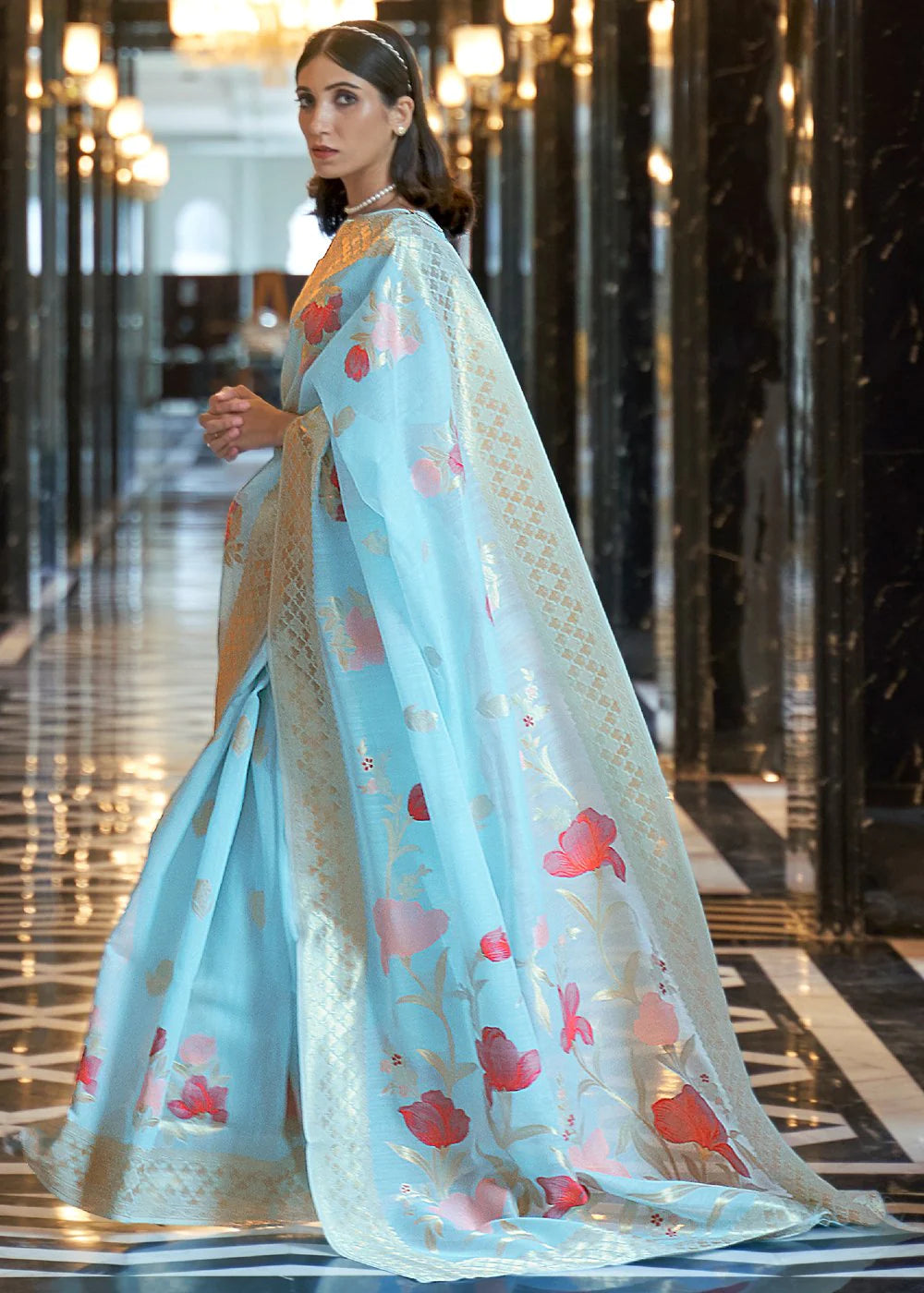 Blue Elegant Linen Saree with Floral Printed Weaving Work Secondary image