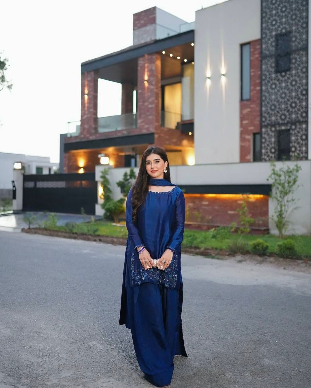 Blue Elegant Natural Crepe Farshi Set with Beaded Top & Sequins Dupatta ClothsVilla