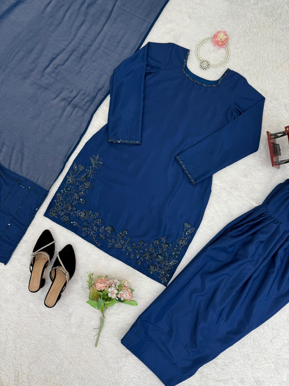 Blue Elegant Natural Crepe Farshi Set with Beaded Top & Sequins Dupatta ClothsVilla