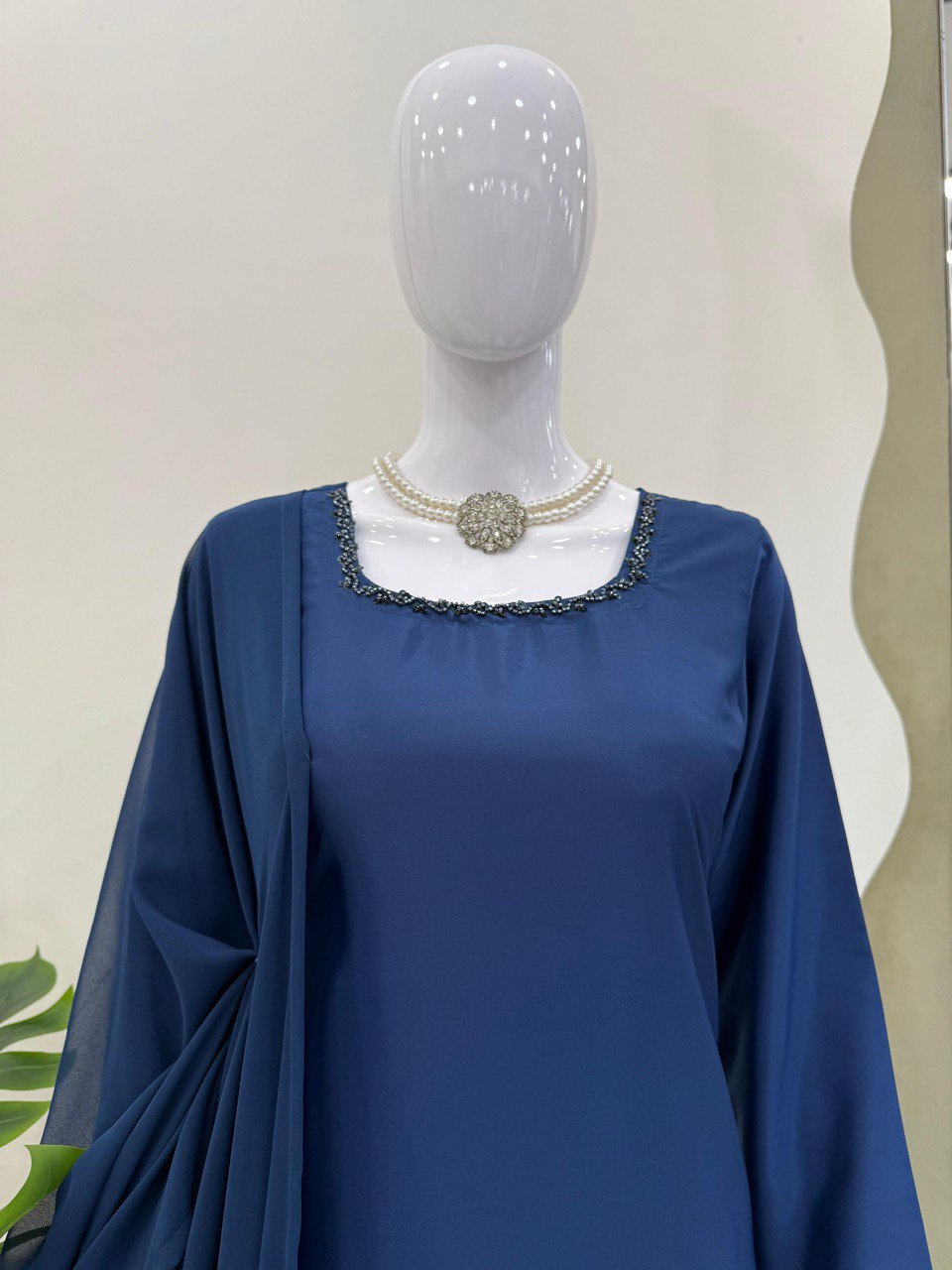 Blue Elegant Natural Crepe Farshi Set with Beaded Top & Sequins Dupatta ClothsVilla