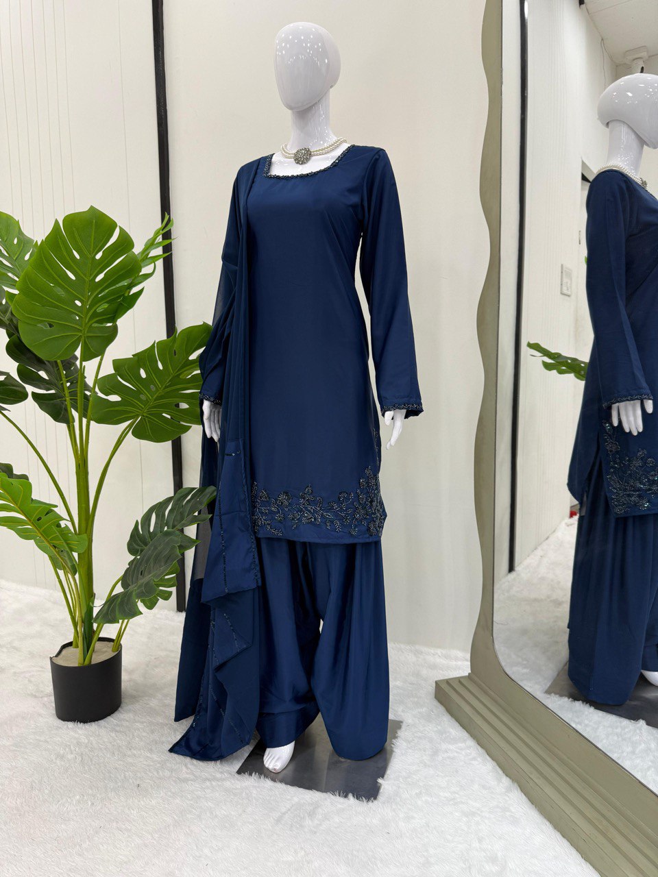 Blue Elegant Natural Crepe Farshi Set with Beaded Top & Sequins Dupatta ClothsVilla