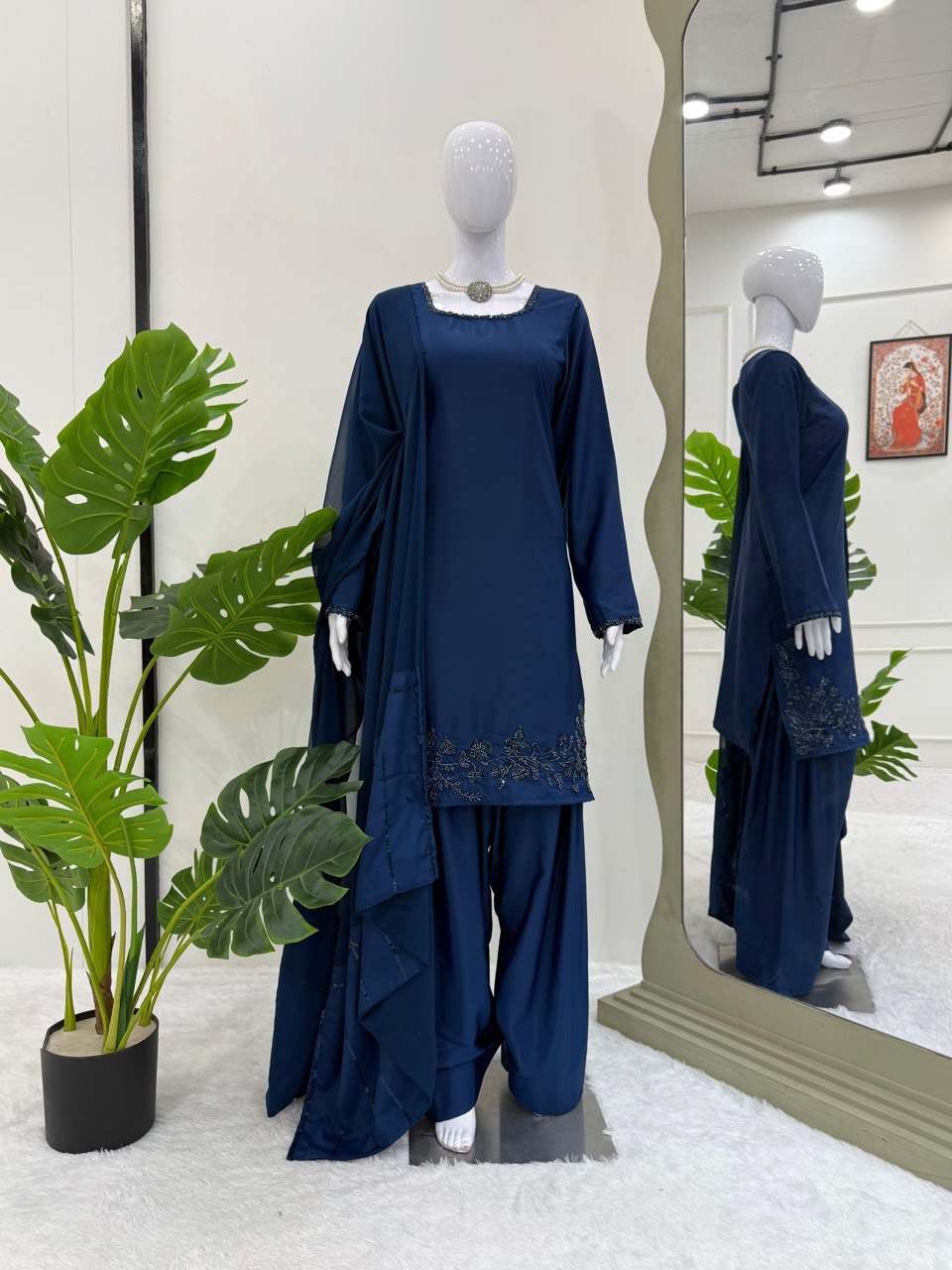 Blue Elegant Natural Crepe Farshi Set with Beaded Top & Sequins Dupatta ClothsVilla