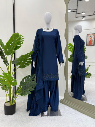 Blue Elegant Natural Crepe Farshi Set with Beaded Top & Sequins Dupatta ClothsVilla