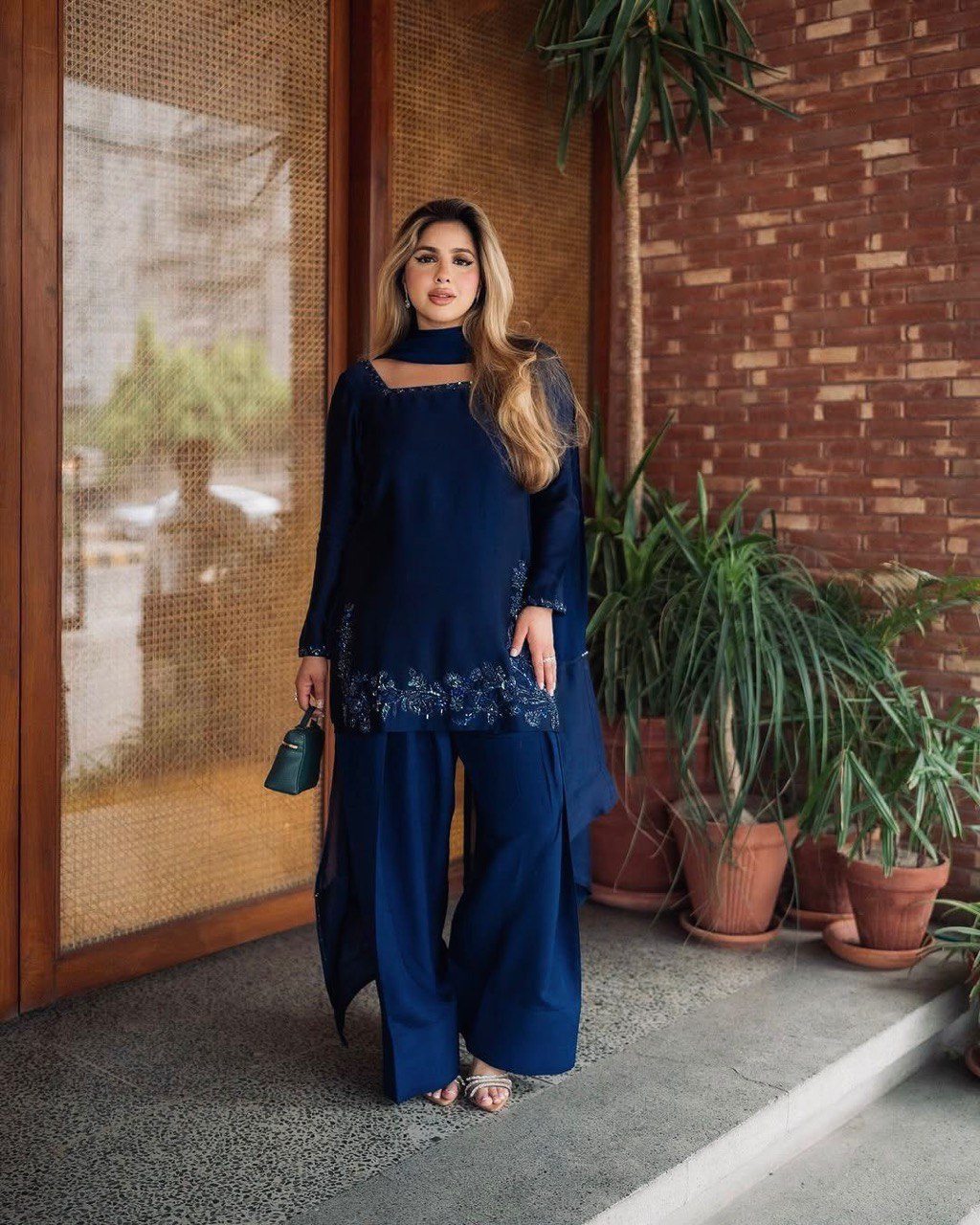 Blue Elegant Natural Crepe Farshi Set with Beaded Top & Sequins Dupatta ClothsVilla