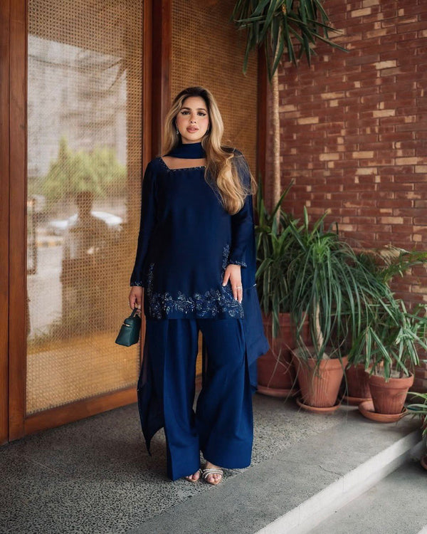 Blue Elegant Natural Crepe Farshi Set with Beaded Top & Sequins Dupatta ClothsVilla