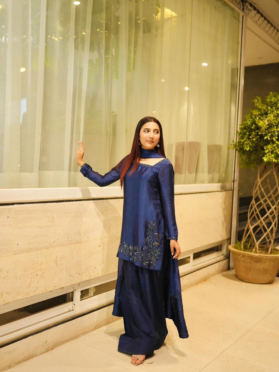 Blue Elegant Natural Crepe Farshi Set with Beaded Top & Sequins Dupatta ClothsVilla Main image