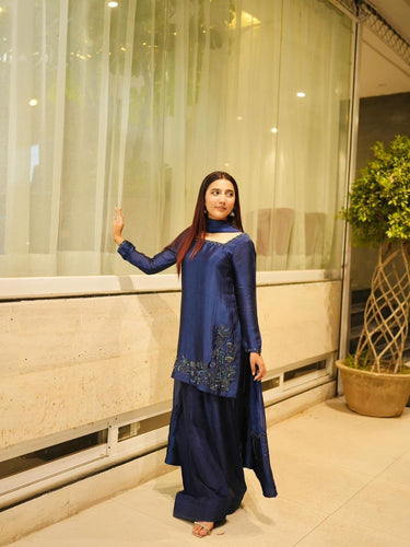Blue Elegant Natural Crepe Farshi Set with Beaded Top & Sequins Dupatta ClothsVilla