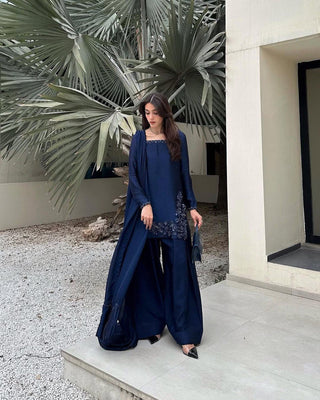 Blue Elegant Natural Crepe Farshi Set with Beaded Top & Sequins Dupatta ClothsVilla