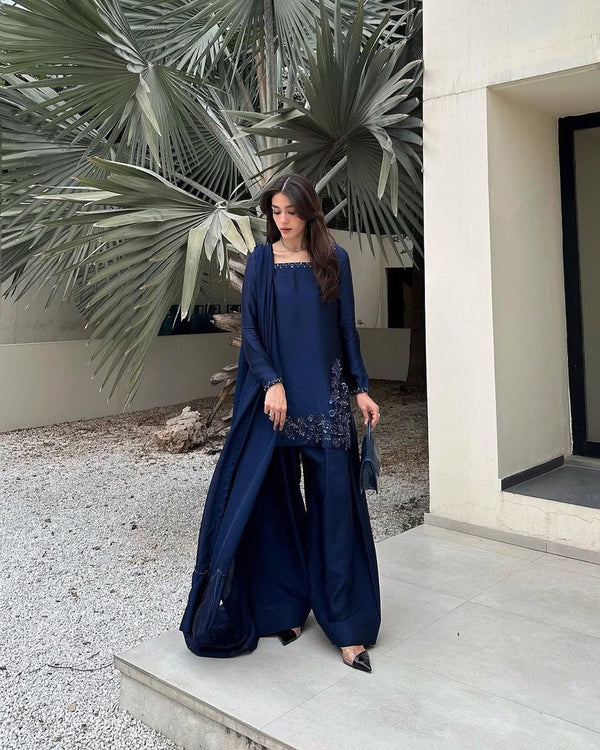 Blue Elegant Natural Crepe Farshi Set with Beaded Top & Sequins Dupatta ClothsVilla