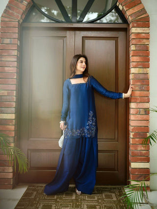 Blue Elegant Natural Crepe Farshi Set with Beaded Top & Sequins Dupatta ClothsVilla