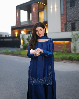 Blue Elegant Natural Crepe Farshi Set with Beaded Top & Sequins Dupatta ClothsVilla