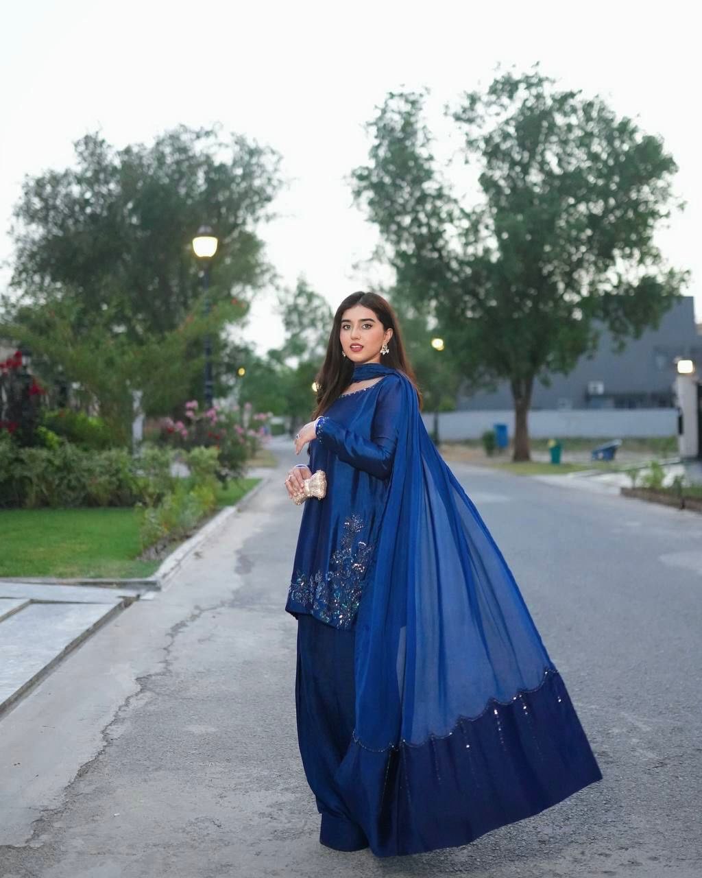 Blue Elegant Natural Crepe Farshi Set with Beaded Top & Sequins Dupatta ClothsVilla