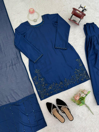 Blue Elegant Natural Crepe Farshi Set with Beaded Top & Sequins Dupatta ClothsVilla