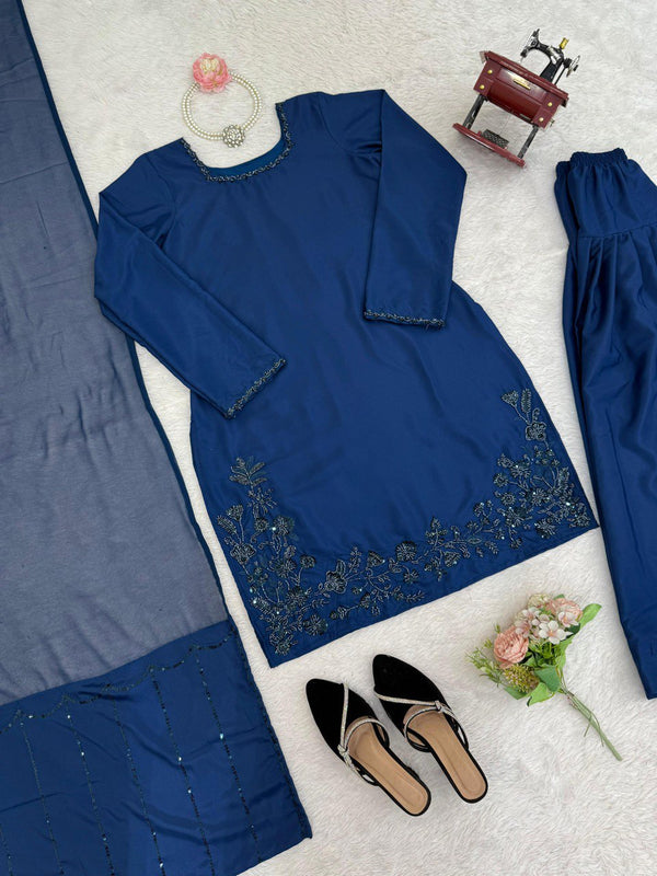 Blue Elegant Natural Crepe Farshi Set with Beaded Top & Sequins Dupatta ClothsVilla