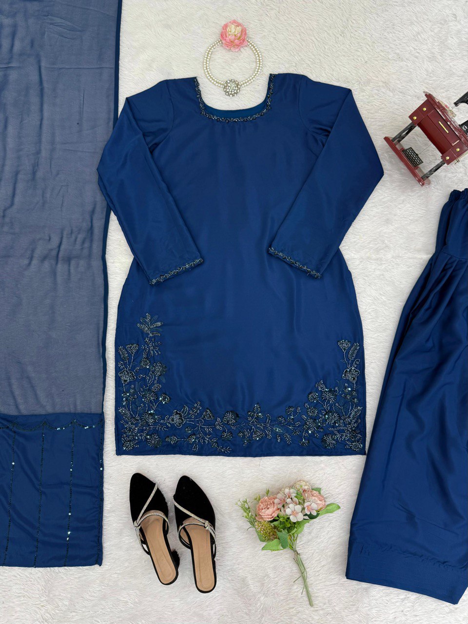 Blue Elegant Natural Crepe Farshi Set with Beaded Top & Sequins Dupatta ClothsVilla