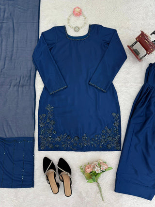 Blue Elegant Natural Crepe Farshi Set with Beaded Top & Sequins Dupatta ClothsVilla