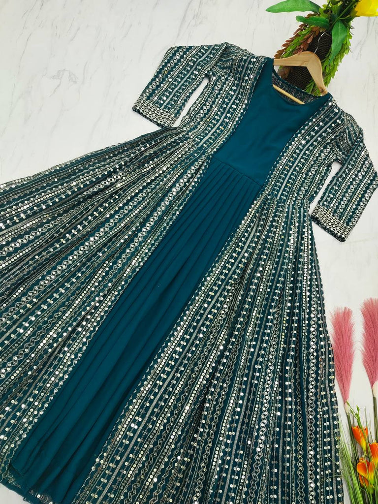 Blue Elegant Party Wear Gown & Long Koti Set with Embroidery and Sequins Clothsvilla