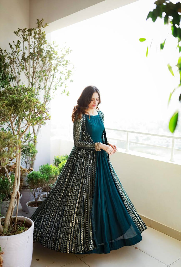 Blue Elegant Party Wear Gown & Long Koti Set with Embroidery and Sequins Clothsvilla