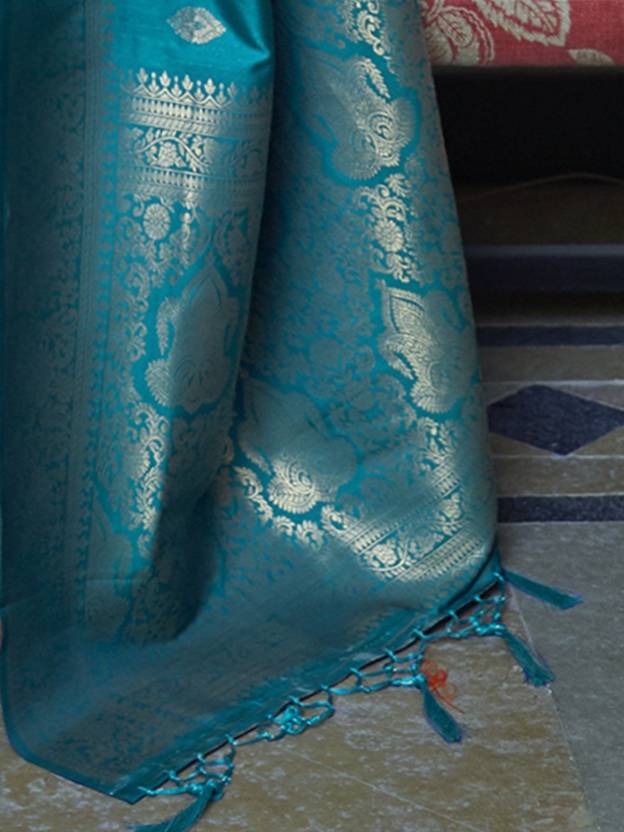Blue Elegant Printed Chanderi Silk Blend Saree with Tassel Detailing ClothsVilla