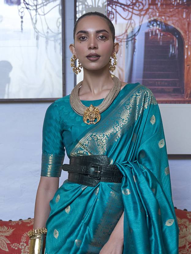 Blue Elegant Printed Chanderi Silk Blend Saree with Tassel Detailing Secondary image