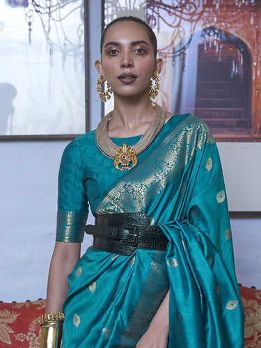 Blue Elegant Printed Chanderi Silk Blend Saree with Tassel Detailing ClothsVilla