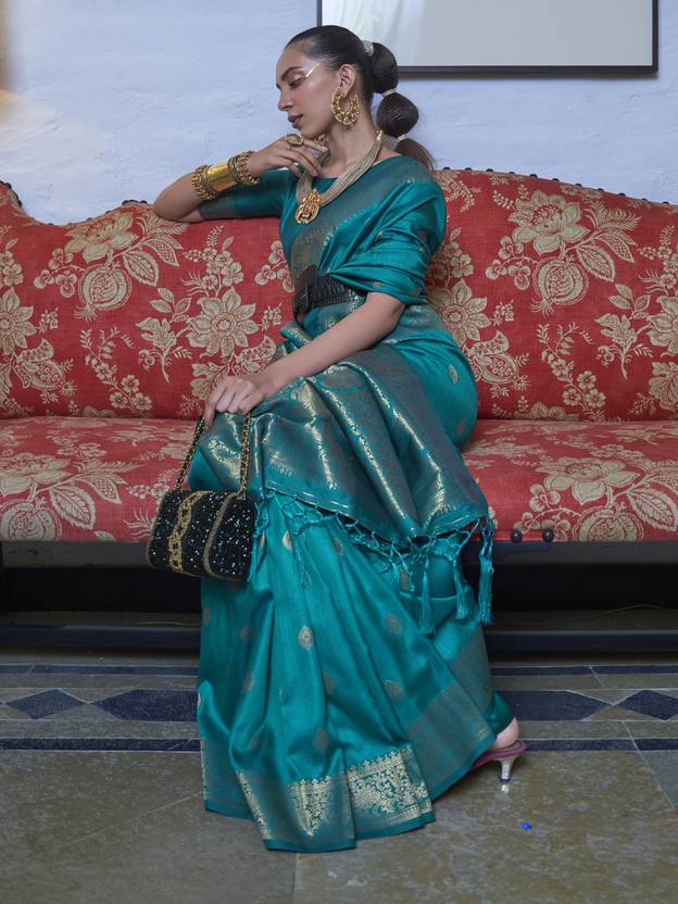 Blue Elegant Printed Chanderi Silk Blend Saree with Tassel Detailing ClothsVilla