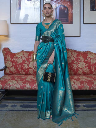 Blue Elegant Printed Chanderi Silk Blend Saree with Tassel Detailing ClothsVilla