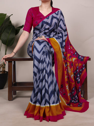 Blue Elegant Printed Tasar Silk Saree with Matching Unstitched Blouse Piece ClothsVilla