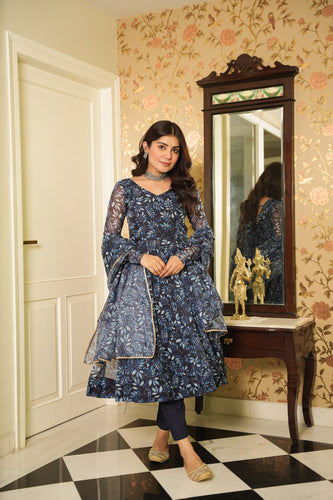 Blue Elegant Printed Three-Piece Anarkali Suit ClothsVilla