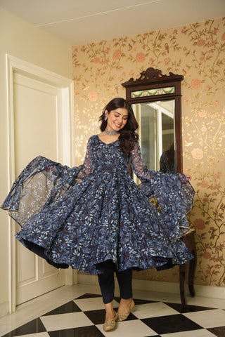 Blue Elegant Printed Three-Piece Anarkali Suit ClothsVilla
