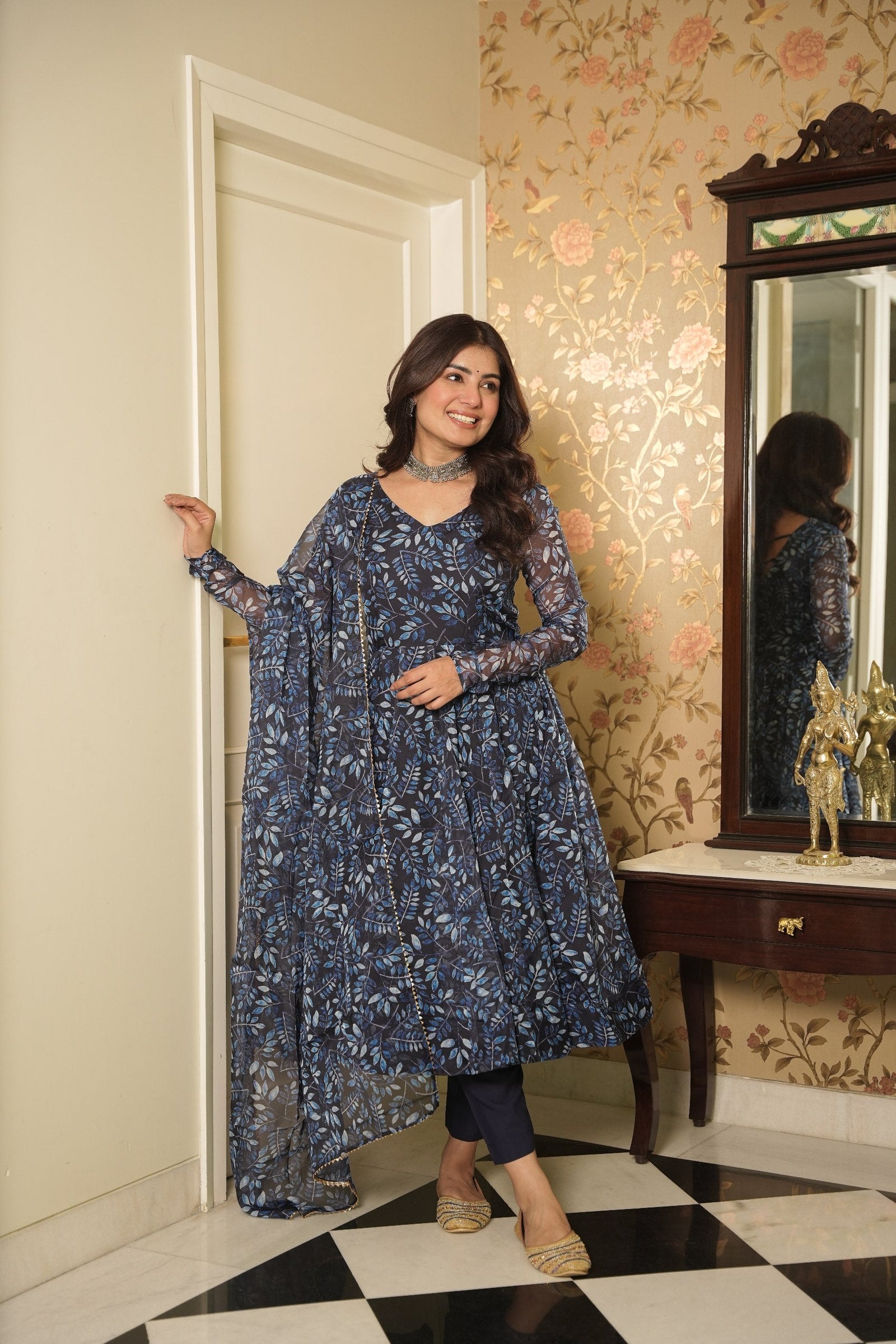 Blue Elegant Printed Three-Piece Anarkali Suit ClothsVilla